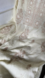 close view of the do taar and teen taar gala boota chikankari with fine haath ki jaali