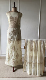 off white pure mul chanderi chikankari set on the mannequin with the dupatta