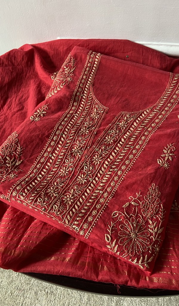 red pure mul chanderi chikankari suit set, folded