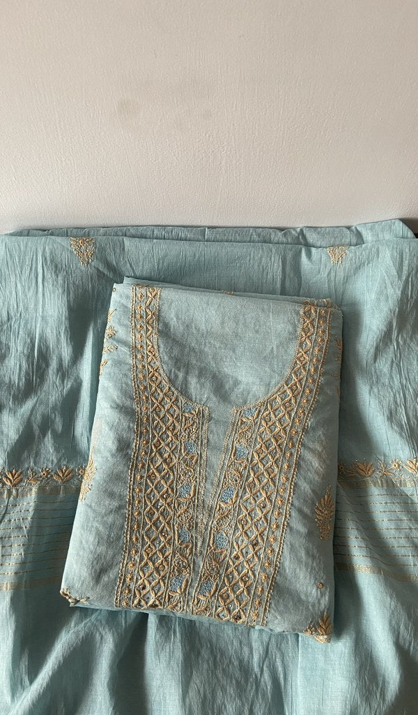 Blue pure mul chanderi kurta piece folded, do taar and teen taar chikankari