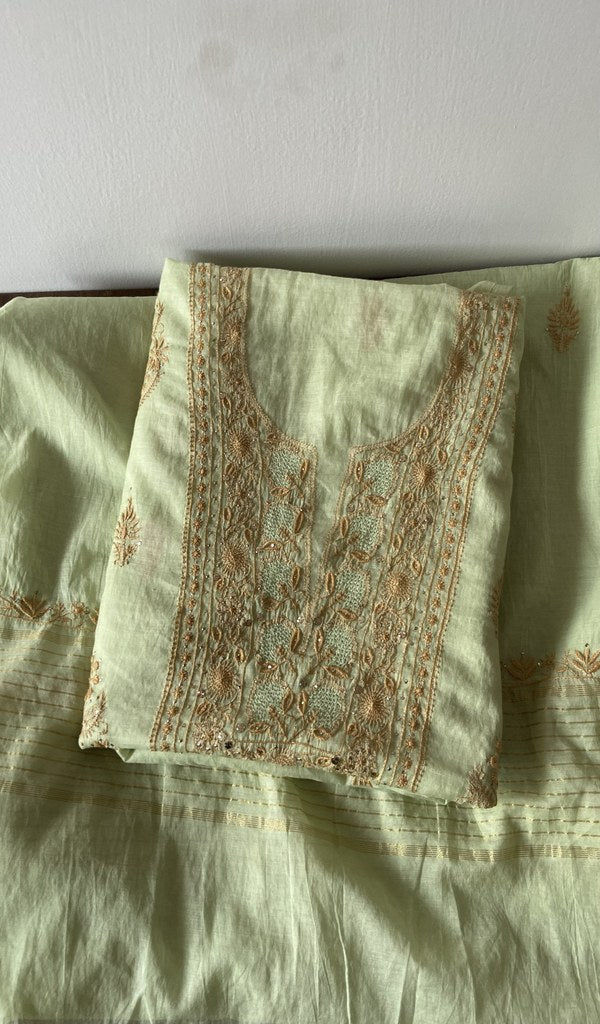 Pistachio pure mul chanderi kurta piece folded, do taar and teen taar chikankari