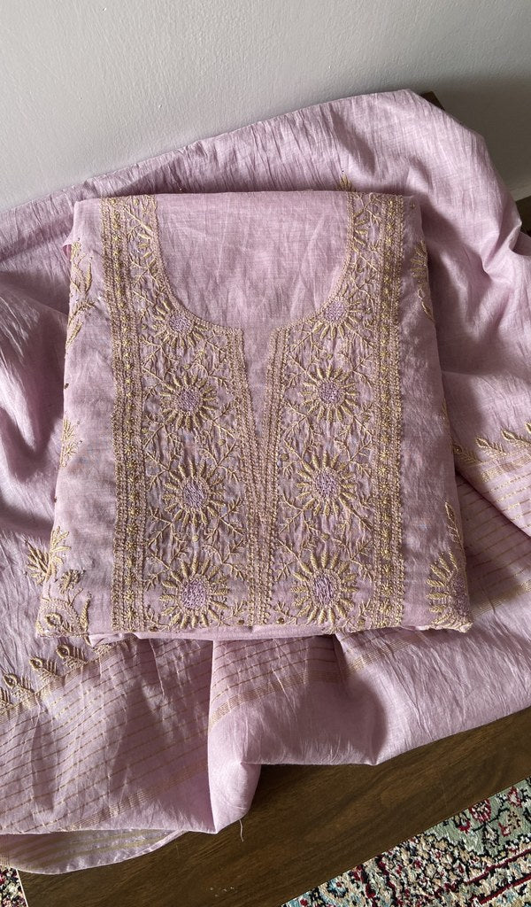 Pink pure mul chanderi kurta piece folded, do taar and teen taar chikankari