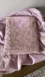 Pink pure mul chanderi kurta piece folded, do taar and teen taar chikankari