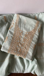 Mint pure mul chanderi kurta piece folded, do taar and teen taar chikankari