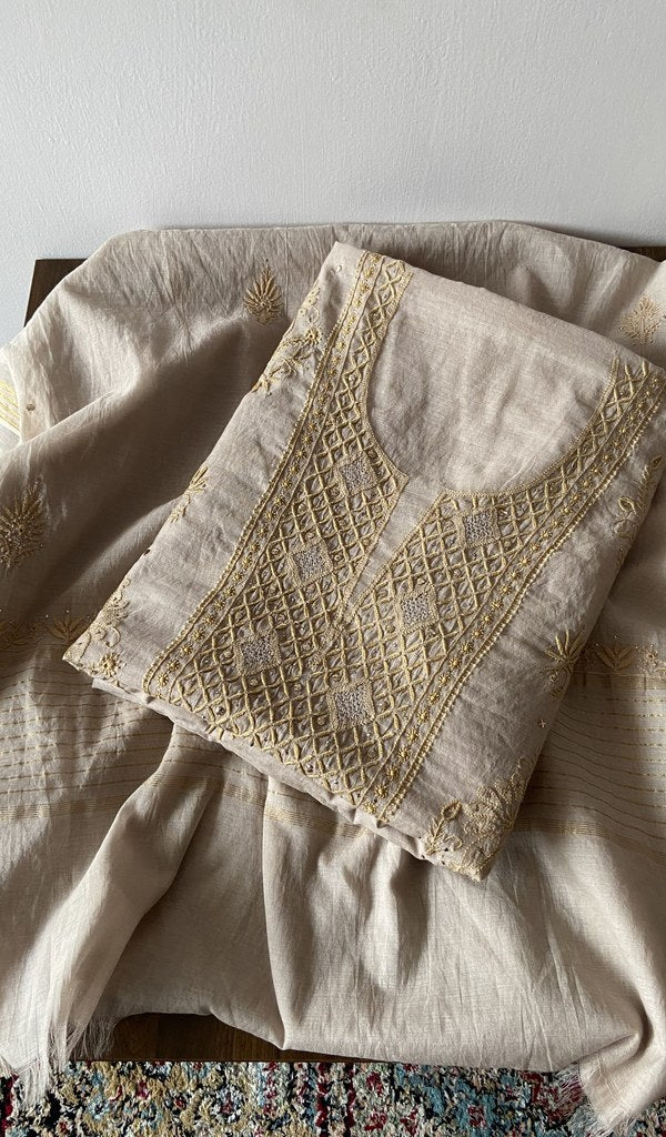 Ivory pure mul chanderi kurta piece folded, do taar and teen taar chikankari