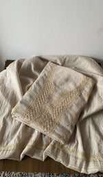 Beige gold pure mul chanderi kurta piece folded, do taar and teen taar chikankari