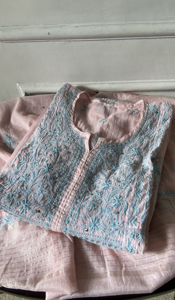 pink pure mul chanderi kurta piece folded, do taar and teen taar chikankari with haath ki jaali on semi