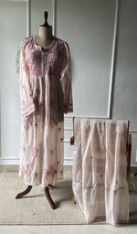 pink pure mul chanderi chikankari set on the mannequin with the dupatta