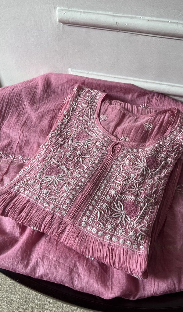 pink pure mul chanderi kurta piece folded, do taar and teen taar chikankari with haath ki jaali on semi