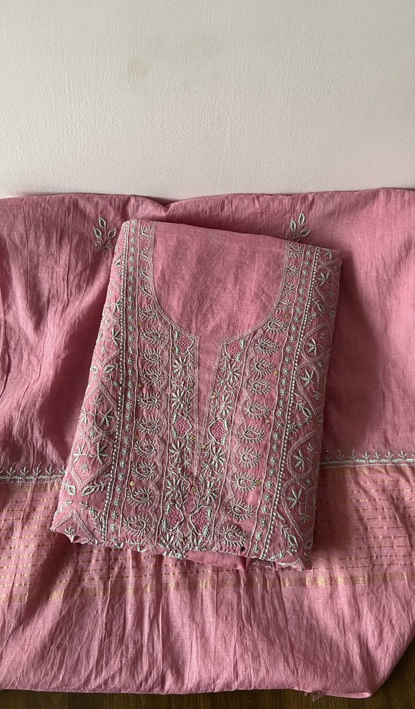 Pink pure mul chanderi kurta piece folded, fine jaaldar chikankari with haath ki jaali