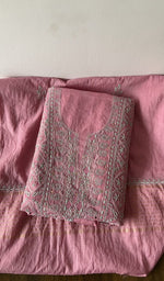 Pink pure mul chanderi kurta piece folded, fine jaaldar chikankari with haath ki jaali