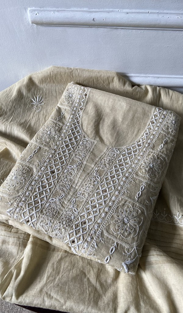 beige pure mul chanderi kurta piece folded, fine do taar and teen taar jaaldar chikankari with haath ki 