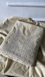 beige pure mul chanderi kurta piece folded, fine do taar and teen taar jaaldar chikankari with haath ki 