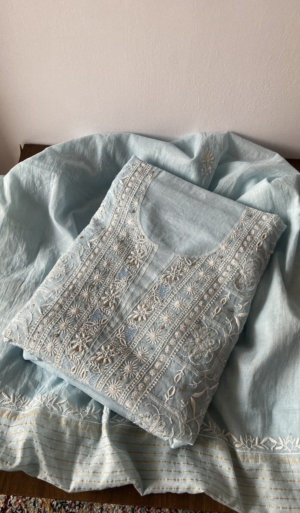 Blue pure mul chanderi kurta piece folded, fine jaaldar chikankari with haath ki jaali