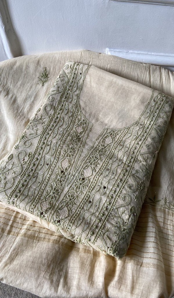 Meher — Cream Pure Mul Chanderi Chikankari 3 Pc Unstitched Suit Set