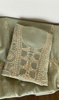 Rima — Olive Green Pure Mul Chanderi Chikankari 3 Pc Unstitched Suit Set