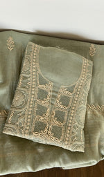 Olive green mul chanderi kurta piece folded, gala work in front