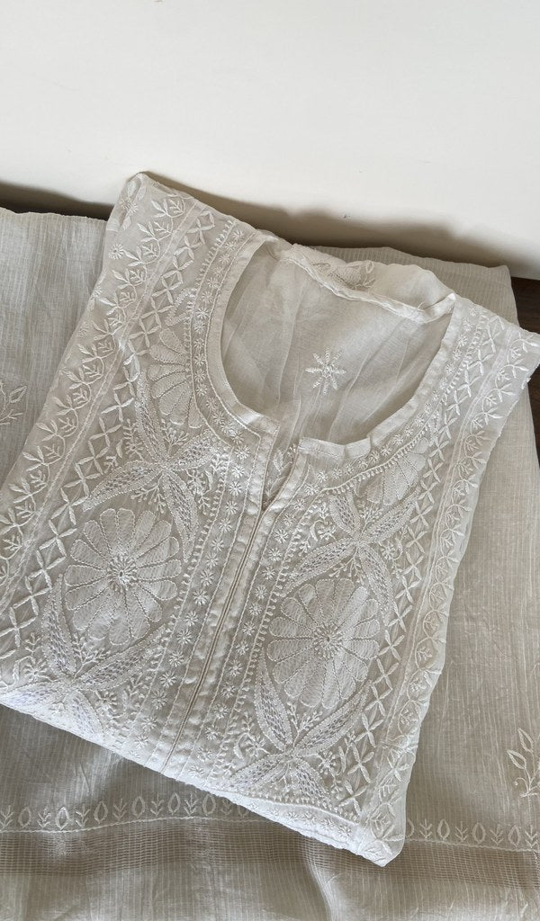 White mul chanderi kurta piece folded, gala work in front