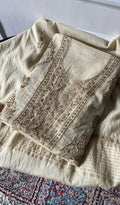 Zia — Cream Pure Mul Chanderi Chikankari 3 Pc Unstitched Suit Set — Gold Beige Work