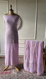 Load image into Gallery viewer, Orchid lilac pure mul chanderi chikankari 3 pc unstitched suit set laid out