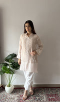 Arham — Nude Pure Mul Chanderi Chikankari Stitched Kurti