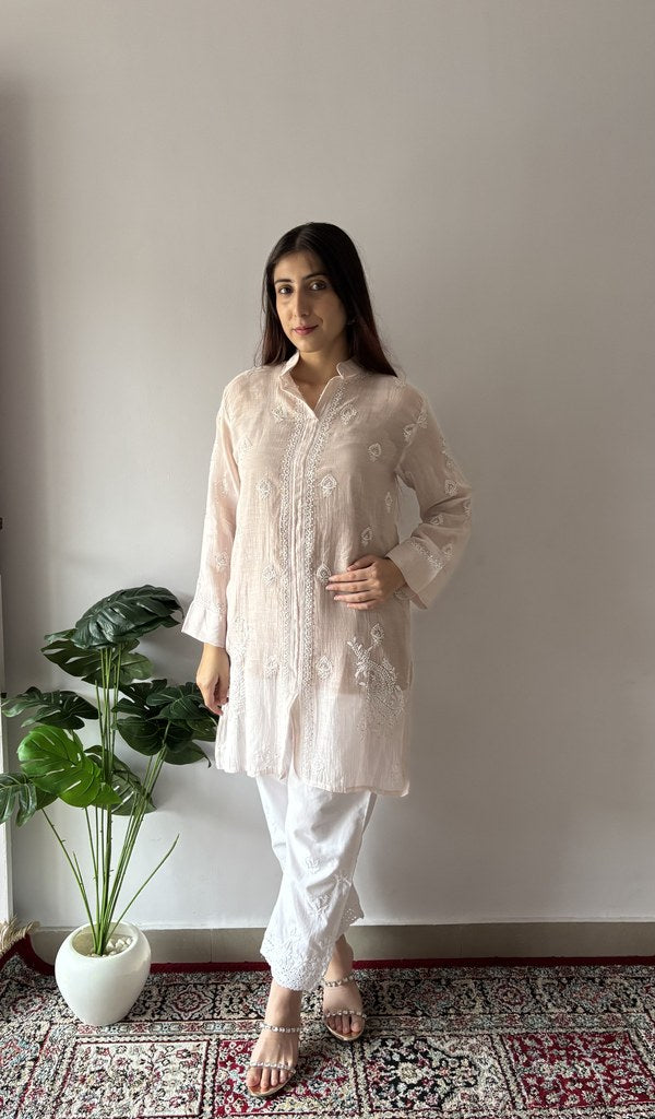 Arham — Nude Pure Mul Chanderi Chikankari Stitched Kurti