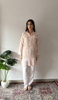 Arham — Blush Pink Pure Mul Chanderi Chikankari Stitched Kurti