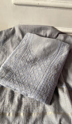 grey pure mul chanderi kurta piece folded, fine chikankari on panel