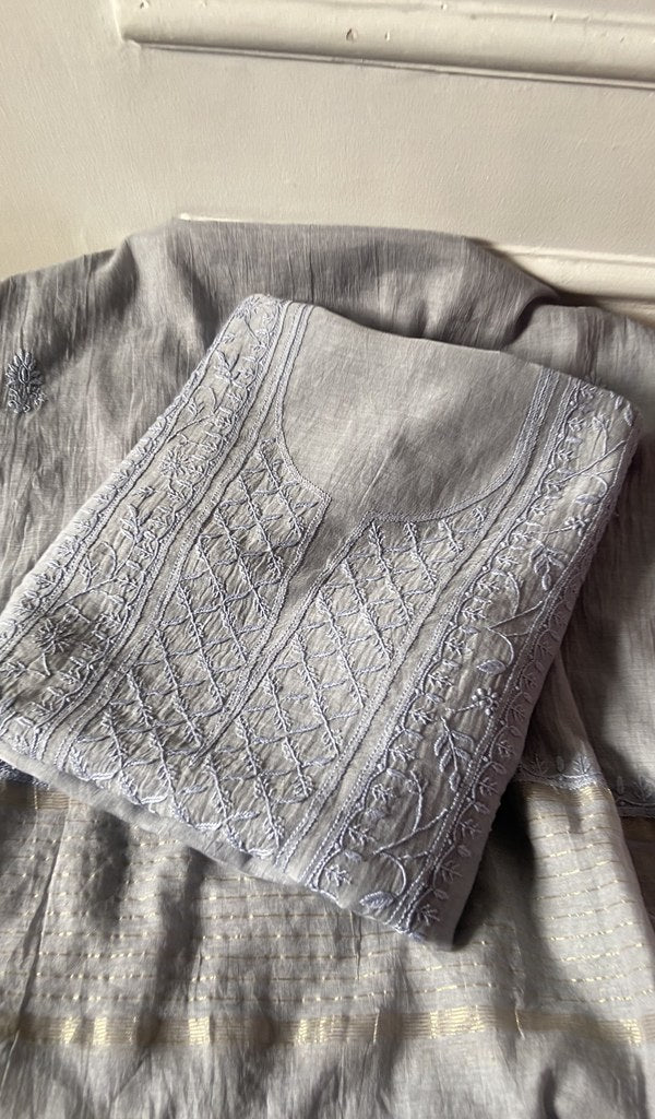 Abeer — Grey Pure Mul Chanderi Chikankari 3 Pc Unstitched Suit Set