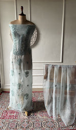 Load image into Gallery viewer, sea green pure organza silk chikankari set on the mannequin, dupatta on the stand