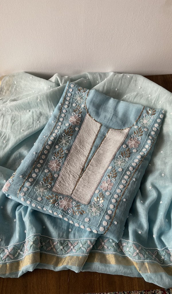 Blue pure mul chanderi kurta piece folded, badla work and beadwork