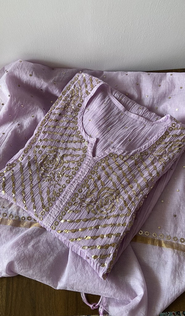 Purple pure mul chanderi kurta piece folded, badla work and mukaish work