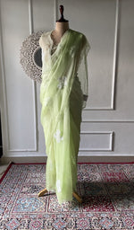 将图像加载到图库查看器中， Pistachio pure organza silk chikankari saree laid out