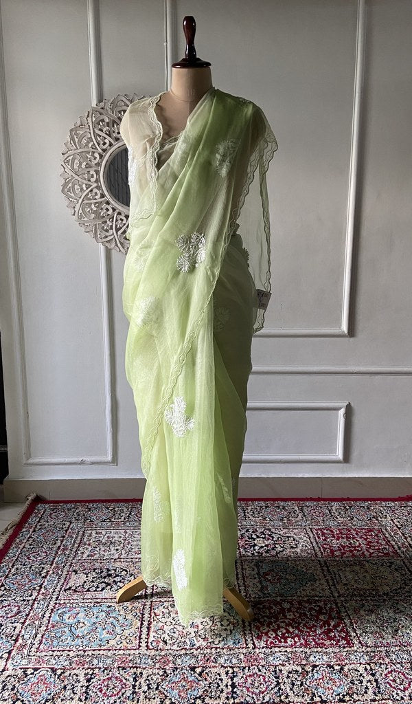 Ayla — Pistachio Pure Organza Silk Chikankari Saree