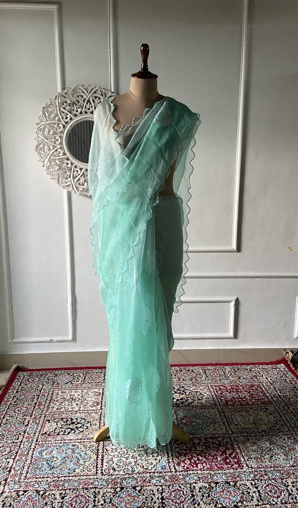 Ayla — Sea Green Pure Organza Silk Chikankari Saree