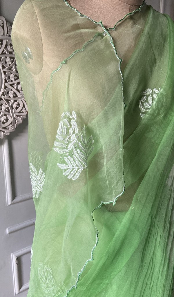 Chikankari across the body of the parrot kurta piece
