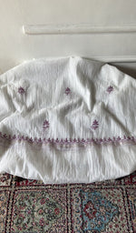 Load image into Gallery viewer, White mul chanderi chikankari 2 pc unstitched suit set laid out