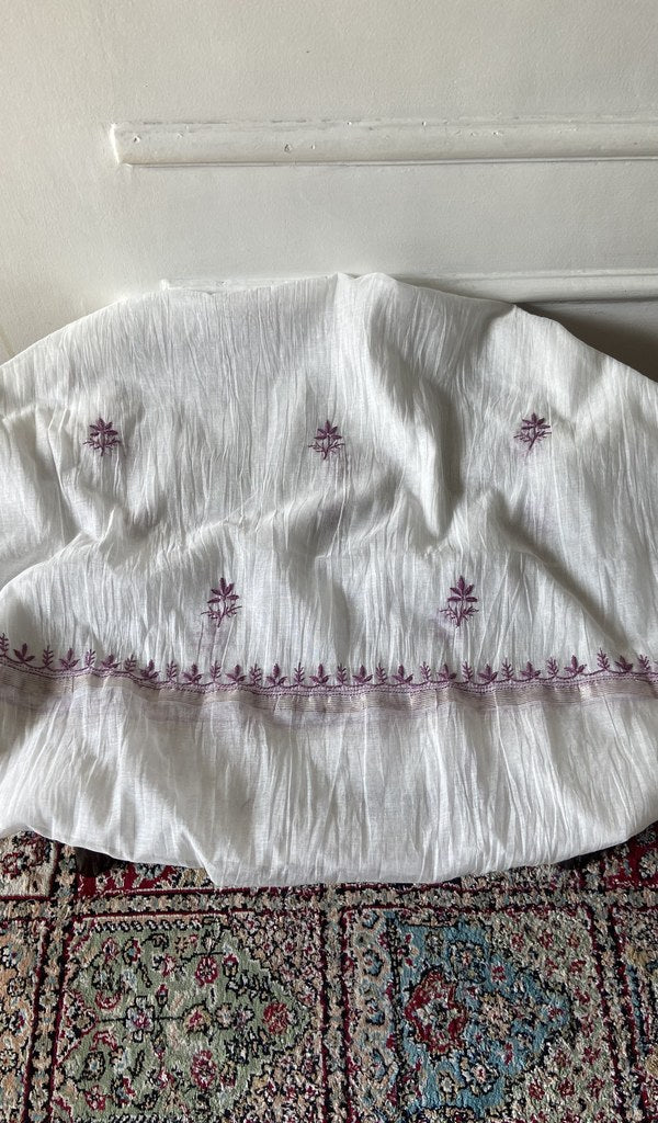 White mul chanderi chikankari 2 pc unstitched suit set laid out