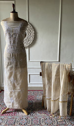 Load image into Gallery viewer, Beige gold tissue chanderi chikankari 2 pc unstitched suit set laid out