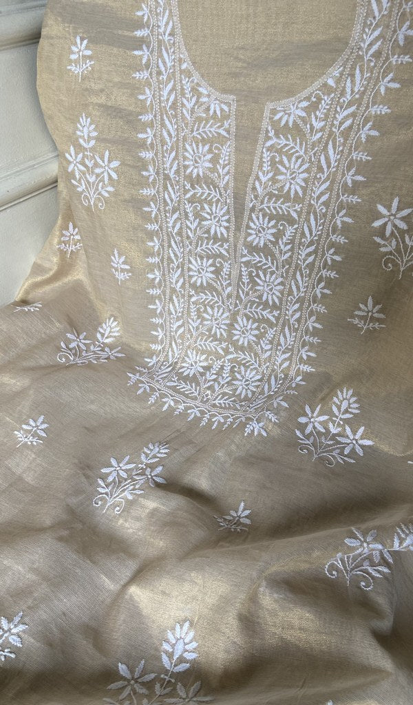 Border and hem of the beige gold tissue chanderi
