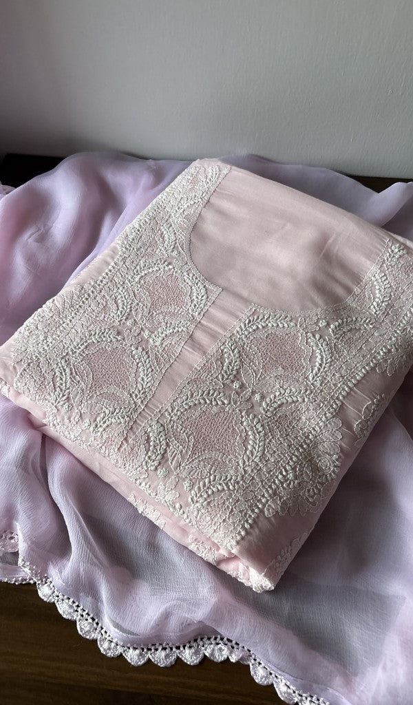 Pink cotton kurta piece folded, fine jaaldar chikankari with haath ki jaali
