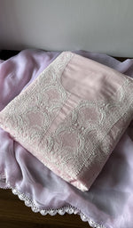 Pink cotton kurta piece folded, fine jaaldar chikankari with haath ki jaali