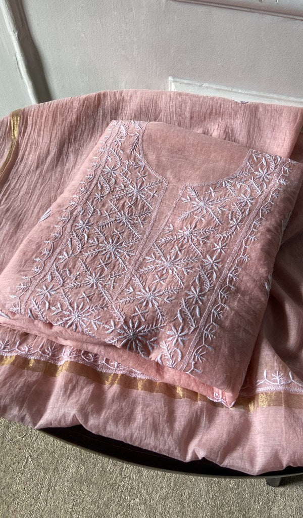 pink pure mul chanderi chikankari suit set, folded