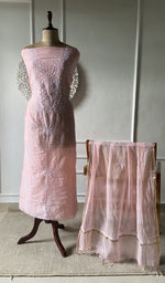 pink pure mul chanderi chikankari set on the mannequin with the dupatta