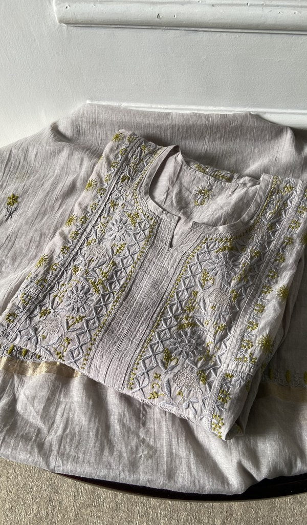 Areen — Grey Pure Mul Chanderi White Thread Chikankari 3 Pc Semi-Stitched Suit Set