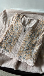 pink pure mul chanderi kurta piece folded, fine chikankari with haath ki jaali on semi stitch gathers s