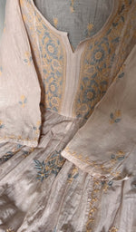 fine chikankari with haath ki jaali on semi stitch gathers s across the body of the kurta
