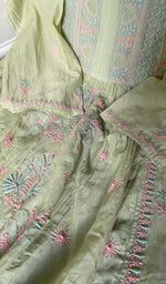 close view of the gathers style fine chikankari with haath ki jaali