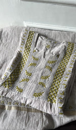 grey pure mul chanderi kurta piece folded, fine chikankari with haath ki jaali on semi stitch gathers s