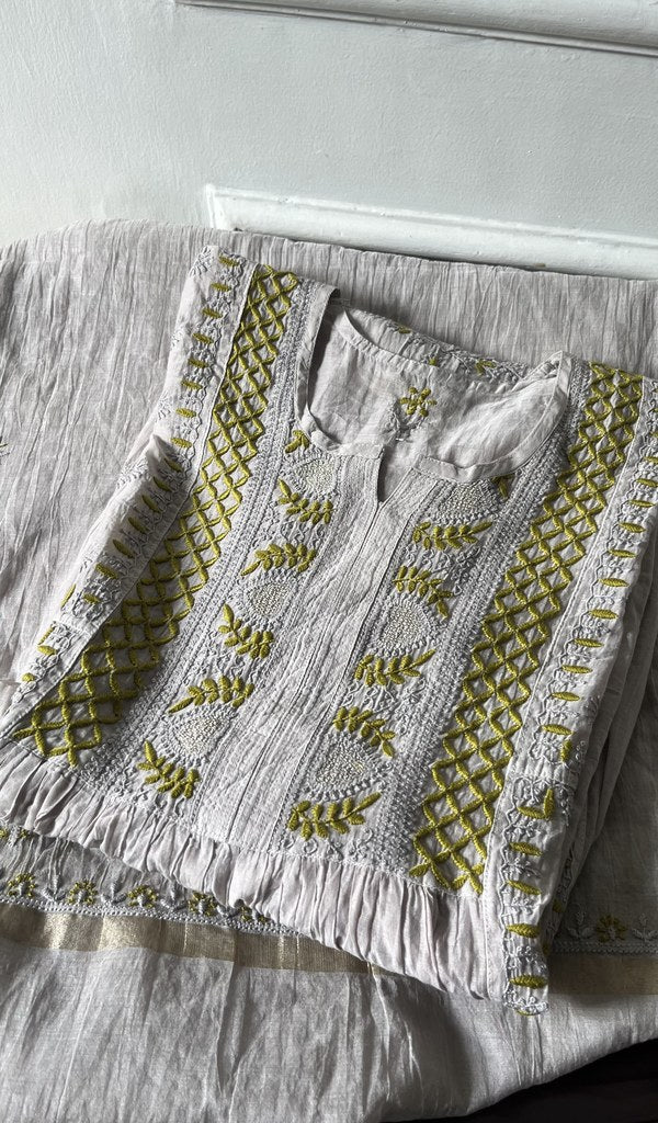 grey pure mul chanderi kurta piece folded, fine chikankari with haath ki jaali on semi stitch gathers s